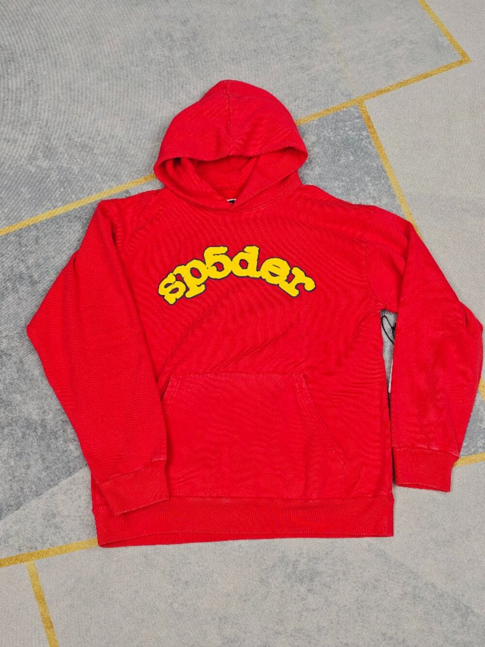 Sp5der Red Washed Cotton Puff Logo Pullover Hooded Sweatshirt